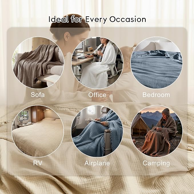 WDCOZY 100% Cotton Muslin Blanket Queen Size 4-Layer for Bed Breathable Lightweight Soft Large Boho Farmhouse Linen Tassels Ruffle Gauze Blankets All Season for Adults 90x90 Inches Beige Tan Neutral