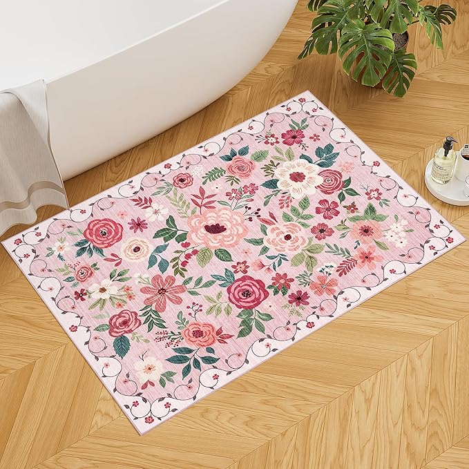 DUKINO 2x3 Entryway Rug, Floral Door Mat Soft Washable Rug Non Slip, Pink | Low Pile, Non-Shedding Small Rug for Kitchen, Entrance, Bedroom, Bathroom, Pet Friendly, Stain Resistant, Modern Home Decor