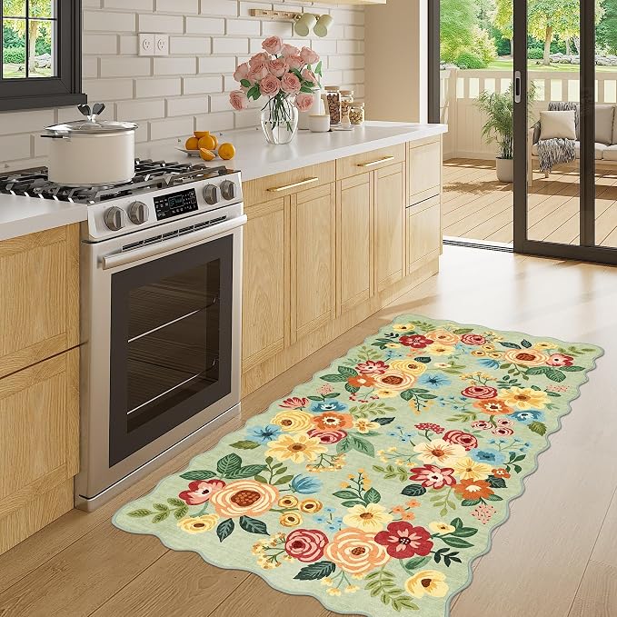 DUKINO 2x4 Rug for Entryway, Floral Washable Kitchen Rugs Non Slip, Green | Soft, Low Pile, Stain Resistant Throw Runner Rug for Hallway, Bedroom, Bathroom, Laundry, Pet Friendly, Modern Home Decor