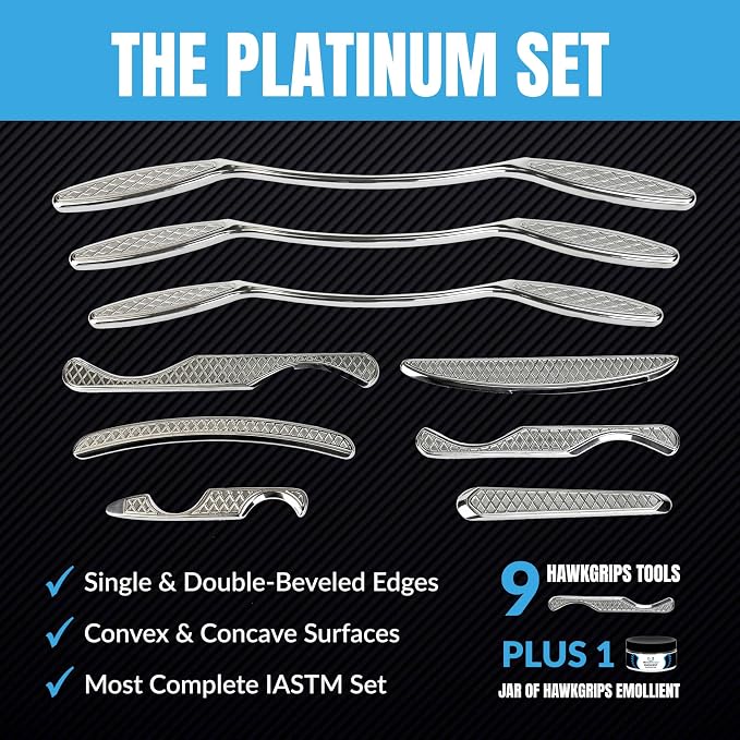 HawkGrips, Platinum Massage Therapy Set with Fragrance-Free Emollient 8oz, Stainless Steel, Includes Nine Massage Therapy Instruments (HG1-HG9), Roll-Up Case, Shoulder Bar, and Digital User Manual