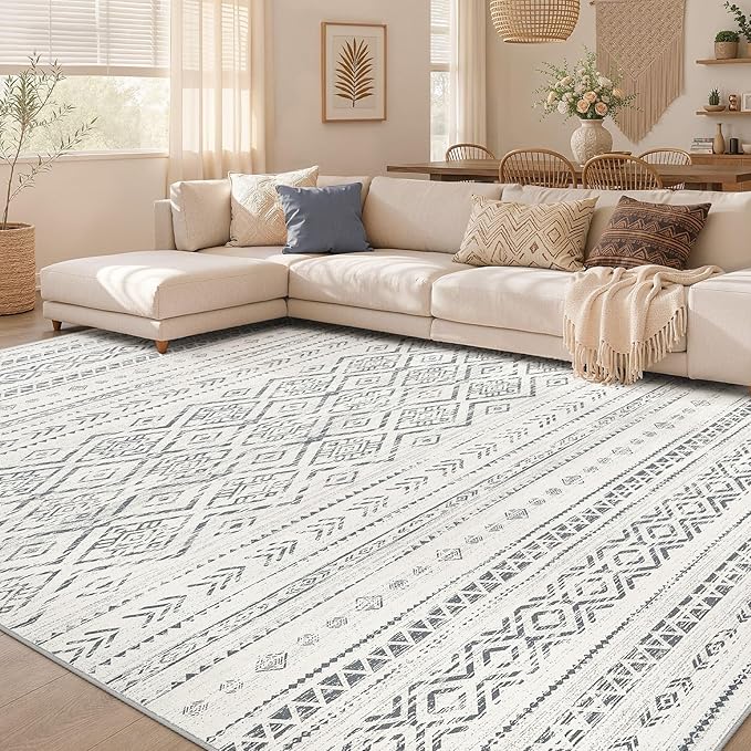 Nakagishi Area Rug Living Room Rugs: 5x7 Large Soft Machine Washable Boho Moroccan FarmNeutral Stain Resistant Indoor Floor Carpet for Bedroom Under Dining Table Home Office Decor-Grey