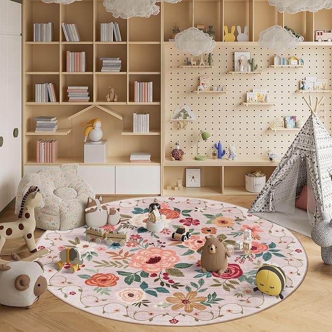 DUKINO 6ft Round Rug, Soft Washable Circle Rug for Bedroom Non Slip, Beige | Low Pile, Stain Resistant Indoor Rug for Living Room, Dining Room, Kids Room, Office, Pet Friendly, Home Decor, Non-Shedding