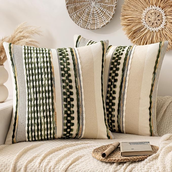 ANRODUO Boho Decorative Pillow Covers Olive Green Stripe 22x22 Pack of 2 | Euro Throw Pillow Covers, Farmhouse Cushion Case, Chenille Pillow Cases, Pillow Covers, Neutral Pillowcase for Sofa Couch Bed