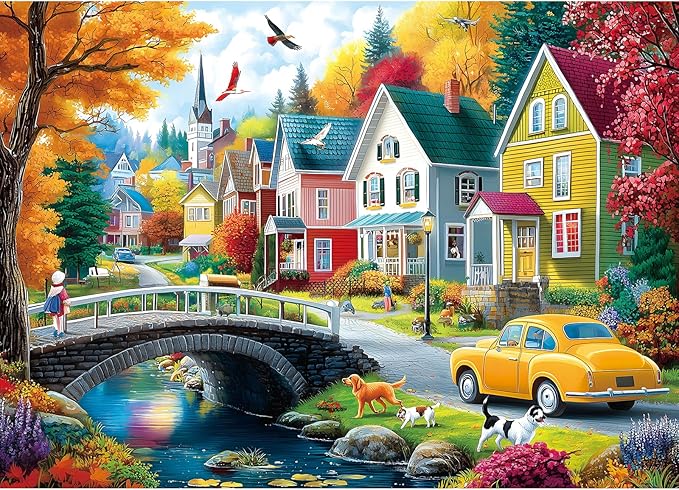 1000 Piece Jigsaw Puzzle for Adults - Autumn Village Scene: Colorful Houses, Bridge & Vintage Car, 27.5x19.7 Inch Unique Art Puzzle, Challenging Hard Difficult Puzzles for Adults