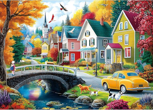 1000 Piece Jigsaw Puzzle for Adults - Autumn Village Scene: Colorful Houses, Bridge & Vintage Car, 27.5x19.7 Inch Unique Art Puzzle, Challenging Hard Difficult Puzzles for Adults