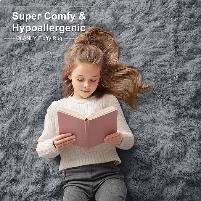 OLANLY 5x6 Area Rugs for Living Room Bedroom, Machine Washable Soft Fluffy Shaggy Bedside Rug, Indoor Floor Carpet for Kids Girls and Boys, Dorms, Nursery Rooms, Home Decor Aesthetic, Grey