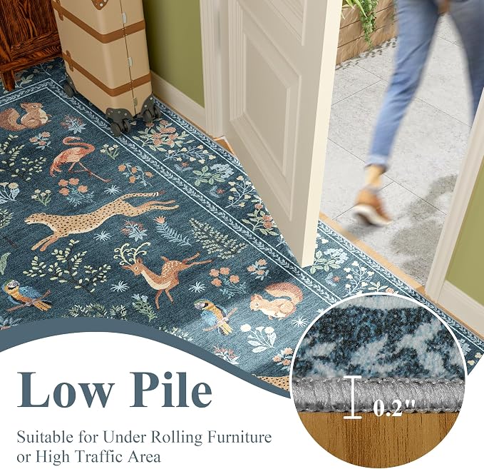 DUKINO 2x6 Runner Rug, Washable Animal Kitchen Rugs Non Slip, Blue | Soft, Low Pile, Stain Resistant Indoor Carpet for Hallway, Entryway, Bedroom, Bathroom, Laundry,Pet Friendly, Lightweight