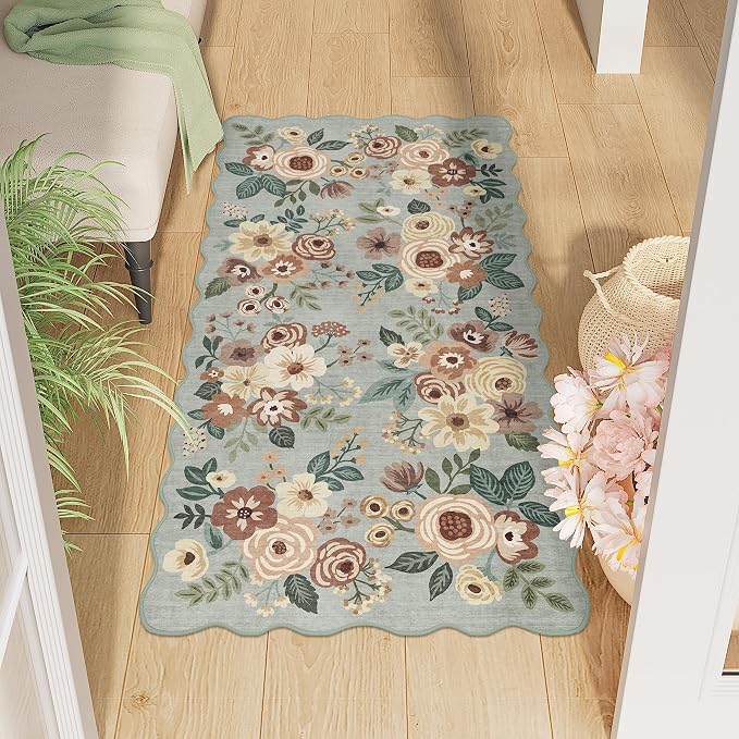 DUKINO 2x4 Rug for Entryway, Floral Washable Kitchen Rugs, Sage Green | Non Slip, Low Pile, Soft Throw Runner Rug for Hallway, Bedroom, Bathroom, Laundry, Pet Friendly, Home Decor, Stain Resistant