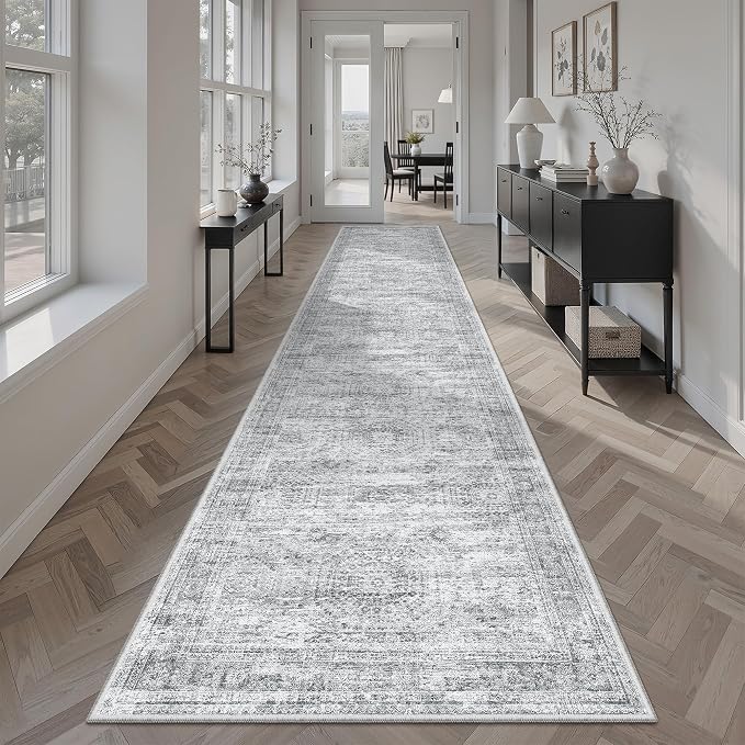 Soalmost Runner Rug 2x10 Washable Non-Slip Hallway Kitchen Runners Grey | Stain Resistant Vintage Rugs for Bathroom Laundry Room, Low Pile Foldable Floor Carpet Mat for Entryway Corridor Bedroom