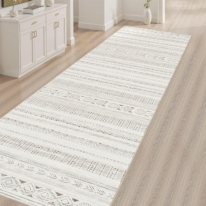 cotiled Hallway 2.6x10 Runner Rugs: Washable Boho Rugs with Non Slip Backing Large Soft Indoor Stain Resistant Carpet for Living Room Bedroom Farmhouse Dining Room Lightweight Home Decor L Brown/Cream