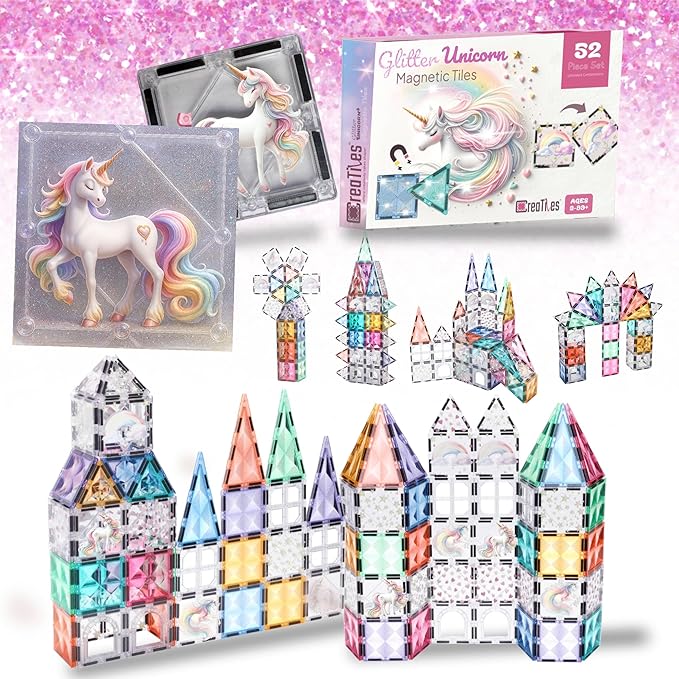 Glitter Unicorn Pony Magnetic Tiles: Building Blocks Toys for Kids - Hearts, Stars, Rainbow Castle Playset for Creative Kids, STEM Frozen Princess Birthday Gift for Girls Ages 3 4 5 6 7 8 and Up