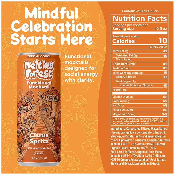 Melting Forest Functional Mocktail Citrus Spritz – Alcohol-Free, Euphoric Adaptogen Drink with Reishi, Antrodia, Lion’s Mane, Ashwagandha – 10 Calories, Vegan, Gluten-Free (4 Pack)