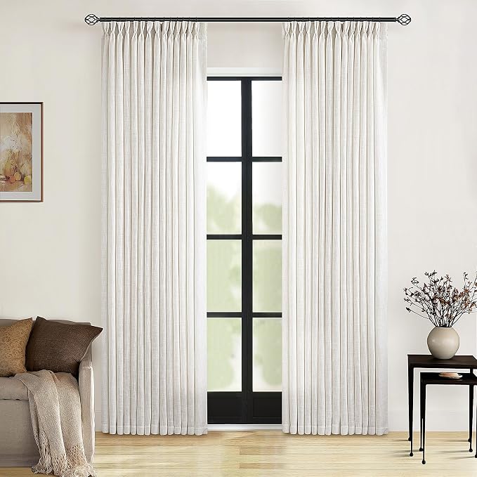 Neutral Pinch Pleated 86 Inch Curtains Semi Sheer Linen Blended Light Filtering Window Curtains 86 Inches Long for Living Room Bedroom Boho Cream Birch Pinch Pleat Drapes Rings Hooks 2 Panels Set