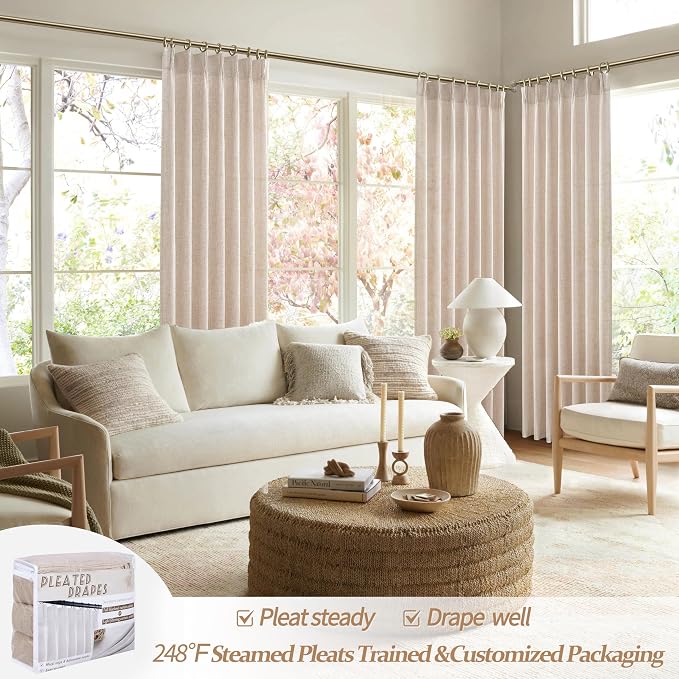 Unique Thick Natural Linen Pleat 86 Inch Curtains 2 Panels Set for Kids Bedroom, Country Farmhouse Memory Trained Pinch Pleated Burlap Light Filtering Sheer 40 x 86 Inches Length for Office with Hooks