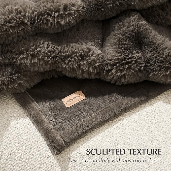 Faux Rabbit Fur Bubble Throw Blanket, 50"x60", Dark Taupe | Ultra Soft, Luxury Faux Rabbit Fur Throw, Thick Warm Bubble Blanket, Cozy Fluffy Reversible, for Bed, Couch, Chair, Sofa