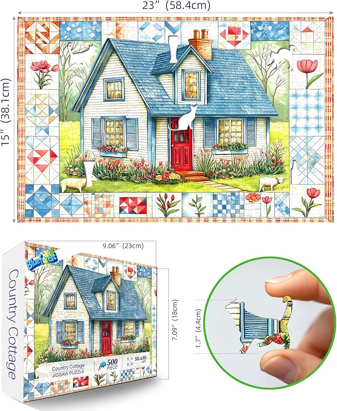 Blueforest 500 Piece Puzzle for Adults, Quilted Cottage Jigsaw Puzzle, 23x15 Inch Unique Shaped Pieces Art Puzzles for Adults 500 Pieces, Hard Difficult Challenging Fun Puzzles
