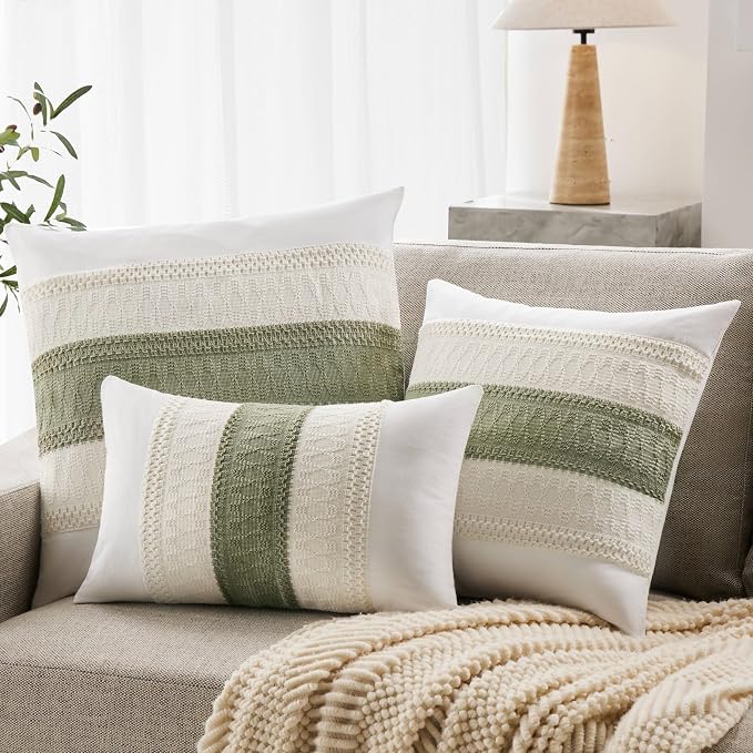 2pk Boho Pillow Covers 24x24, Natural White/Contrast/Green | 100% Organic Cotton Body, Stripe Embroidery, Farmhouse Decorative Cushion Covers for Sofa Bed Living Room Home Decor