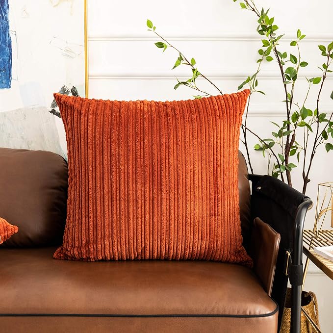 UGS UGASA Fall Pillow Covers Super Soft Striped Corduroy Large Throw Pillow Sham Cushion Cover Living Room, 1 Pc, 26" x 26" (Pack of 1) (66cm), Burnt Brick