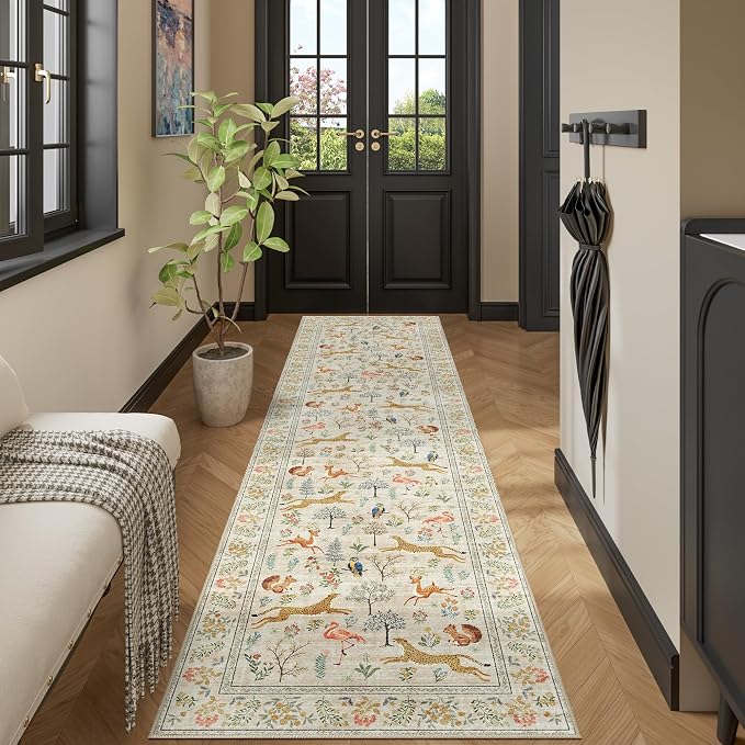 DUKINO 2.6x10 Washable Runner Rug, Non Slip Animal Rug for Hallway, Beige | Soft, Low Pile, Non-Shedding Indoor Carpet Runner for Entryway, Kitchen, Bedroom, Bathroom, Pet Friendly, Stain Resistant