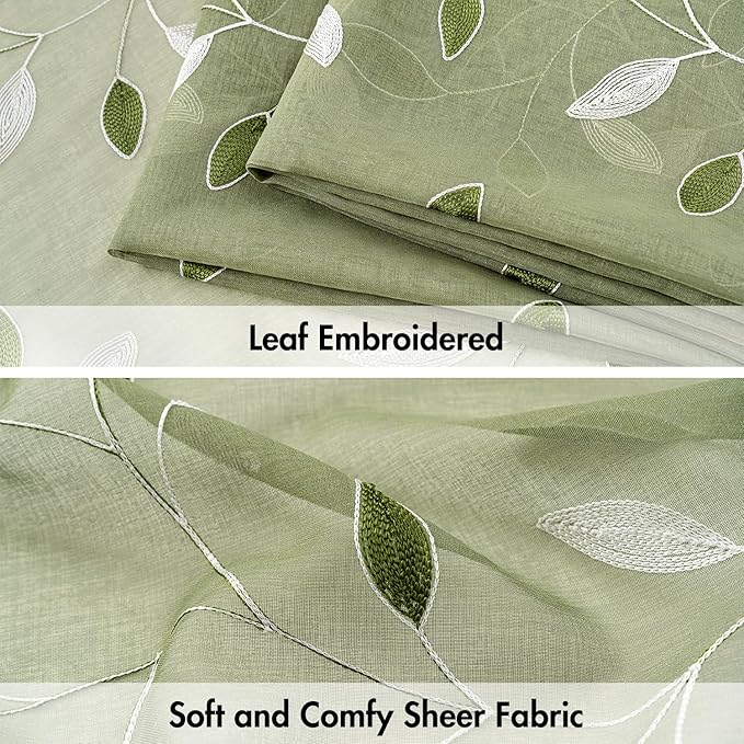 MIULEE Sage Green Sheer Curtains 2 Panels Embroidered Leaf Patterned Rod Pocket Floral Semi Sheer Faux Linen Short Window Curtains Drapes Set for Kitchen Bathroom Cafe, 30x30 Inches Length