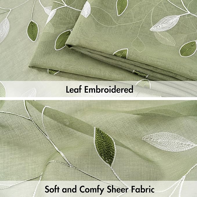 MIULEE Sage Green Sheer Curtains 2 Panels Embroidered Leaf Patterned Rod Pocket Floral Semi Sheer Faux Linen Short Window Curtains Drapes Set for Kitchen Living Room Bedroom, 52x54 Inches Length
