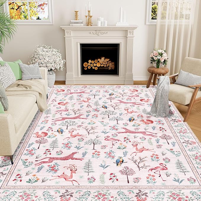 DUKINO 8x10 Area Rugs, Washable Soft Animal Bedroom Rug Non Slip, Pink | Non Slip, Low Pile, Stain Resistant Indoor Large Carpet for Living Room, Dining Room, Kids PlayRoom, Farmhouse, Pet Friendly
