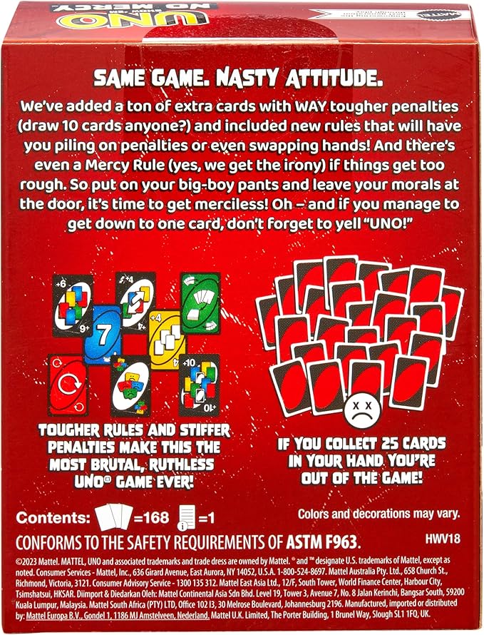 Mattel Games UNO Show ‘em No Mercy Card Game in Storage & Travel Tin for Kids, Adults & Family Night with Extra Cards, Special Rules & Tougher Penalties (Amazon Exclusive)