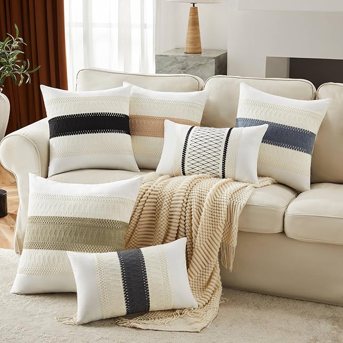 2pk Boho Pillow Covers 24x24, Natural White/Contrast/Black | 100% Organic Cotton Body, Stripe Embroidery, Farmhouse Decorative Cushion Covers for Sofa Bed Living Room Home Decor