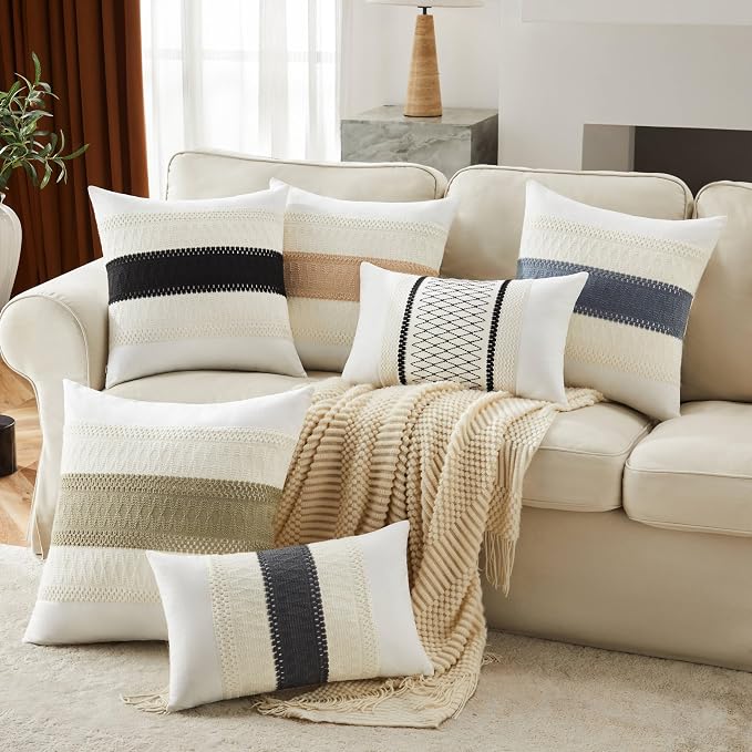 2pk Boho Pillow Covers 18x18, Natural White/Contrast/Beige | 100% Organic Cotton Body, Stripe Embroidery, Farmhouse Decorative Cushion Covers for Sofa Bed Living Room Home Decor