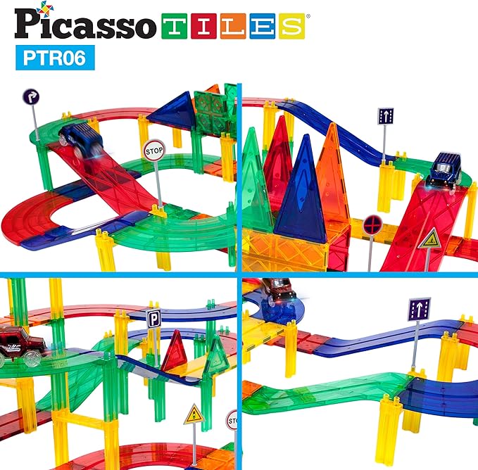 PicassoTiles 6 Piece Magnetic Tiles Race Track Ramp Accessories STEM Building Blocks Toys Magnet Tile Educational Construction Playset Boys Girls Brain Development and Creative Pretend Play Toy PTR06