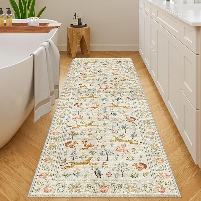 DUKINO 2x6 Runner Rug, Washable Animal Kitchen Rugs Non Slip, Beige | Soft, Low Pile, Stain Resistant Indoor Carpet for Hallway, Entryway, Bedroom, Bathroom, Laundry,Pet Friendly, Lightweight