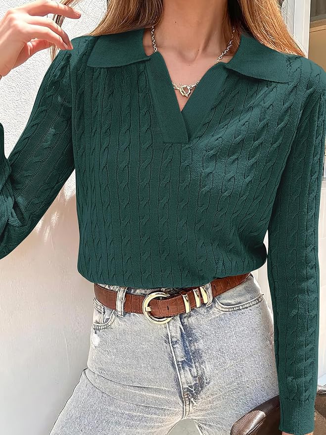 ANRABESS Womens Cable Knit Sweaters Long Sleeve V Neck | Pullover Collared Sweater Tops, Polo Knit Shirts, Business Casual Work, Tennis Golf, Fall Winter Fashion Outfits