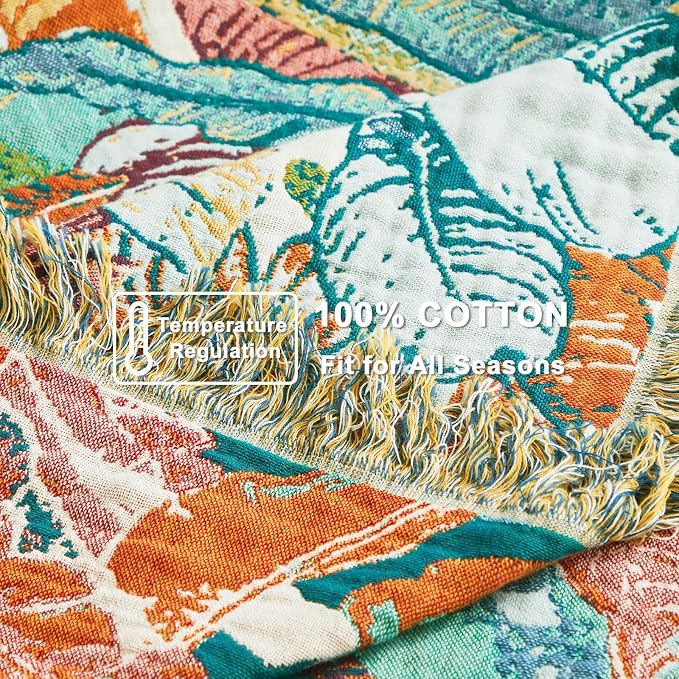LUTBM Boho Throw Blanket for Bed 60"x80", All Season Cotton Couch Blankets | Reversible Botanical Floral Jacquard, Lightweight Breathable Twin Quilt, For Chair Sofa Living Room Bedroom, Home Decor