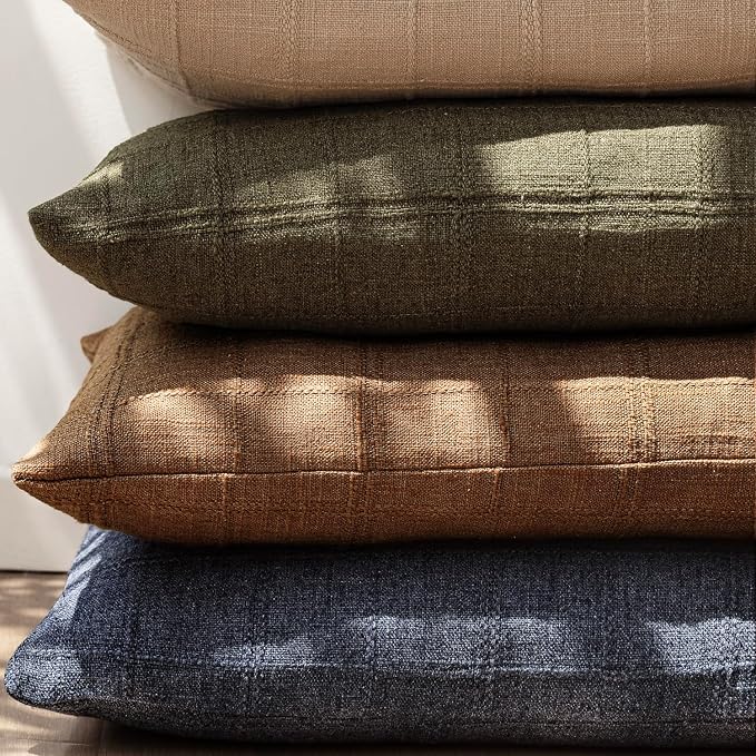 Foindtower Set of 2 Decorative Linen Check Throw Pillow Covers Neutral Farmhouse Vintage Cushion Covers Modern Boho Home Decor for Sofa Chair Couch Bedroom Living Room,22×22 Inch,Navy Blue