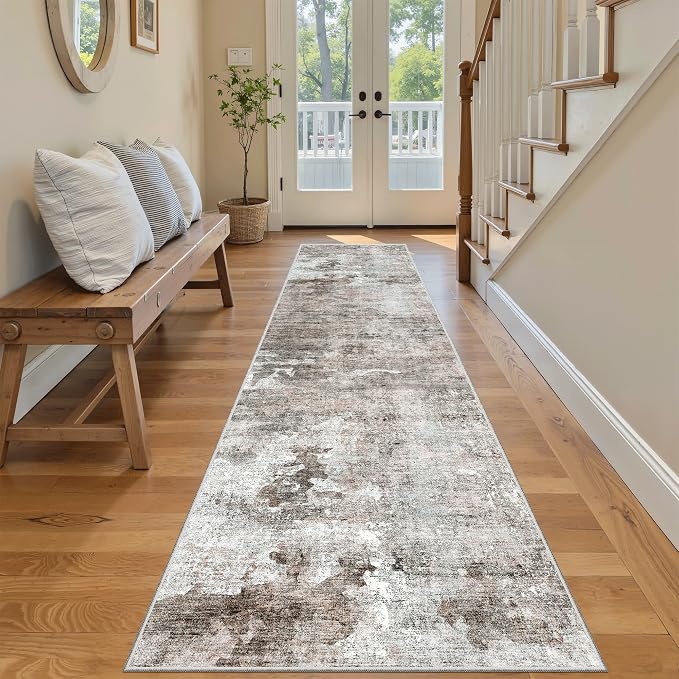 Soalmost Abstract Runner Rug 2x8 Hallway Kitchen Runners Pink/Grey | Vintage Washable Rugs for Bathroom Laundry Room, Low Pile Stain Resistant Floor Carpet Mat Entryway Corridor Bedroom