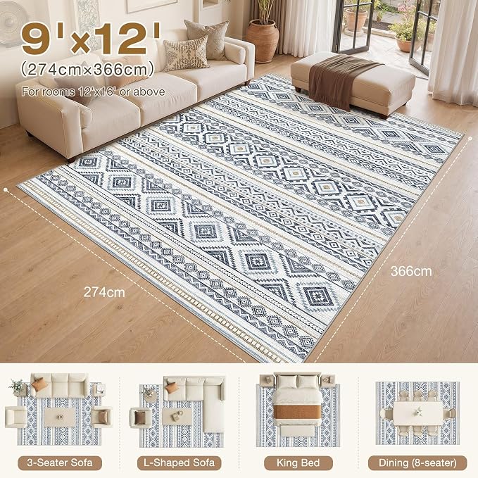 cotiled 9x12 Area Rugs Living Room Rug: Washable Boho Rugs with Non Slip Backing Large Soft Indoor Stain Resistant Carpet for Bedroom Farmhouse Dining Room Lightweight Home Decor Blue