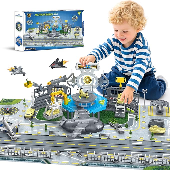 Military Base Toy, Army Toys Set with 14 Vehicles Airplane Tank Trucks Helicopter Fighter Jet, Play Mat with Army Men Action Figures and Accessories, Birthday Gift for Kids