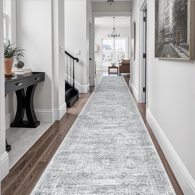 Soalmost Hallway Runner Rug 2'6" x 14' Washable Long Kitchen Rugs Grey | Non-Slip Vintage Runners 2.5x14ft for Bathroom Entryway, Thin Low-Pile Foldable 14 ft Floor Carpet Mat for Corridor Bedroom