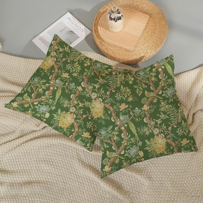 Floral Bird Pillow Covers 18x18 Set of 2 Chinoiserie Green Throw Pillow Covers Vintage Flowers Bird Decorative Pillow Cases Outdoor Chinoiserie Decor Farmhouse Cushion Case for Couch Sofa