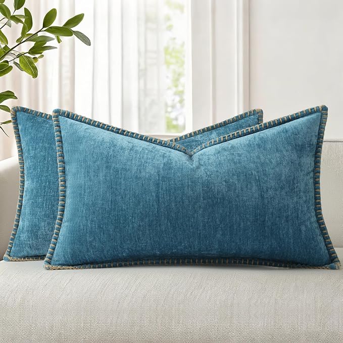 decorUhome Soft Chenille Throw Pillow Covers 12x20 Set of 2 Teal | Fall Textured Decorative Throw Pillow Cases Stitched Edge Modern Farmhouse Luxury Boho Velvet for Couch Sofa Bed Home Decor