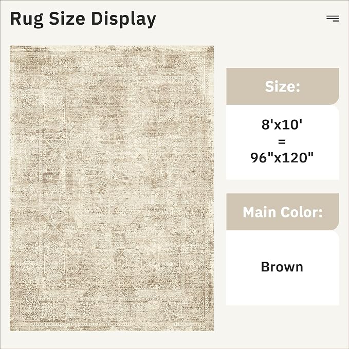 Soalmost Washable Area Rug 8x10 Large Soft Living Room Rugs Light Brown | Farmhouse Vintage Carpet Non-Slip for Dining Bedroom, Stain Resistant Low Pile Foldable Thin Floor Mat Under Table Home Decor