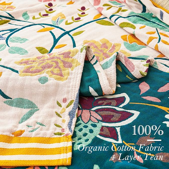 VANJOROY Boho Throw Blanket for Bed, 100% Organic Cotton Breathable Ultra Soft 50" x 60" Quilt Beige Throw - All Season Floral Farmhouse Decor Luxury Reversible Blanket for Sofa Couch Chair and Gift