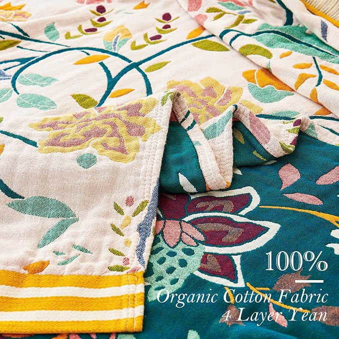 VANJOROY Boho Throw Blanket, 100% Organic Cotton Breathable Ultra Soft 80" x 90" Bed Quilt Throw - All Season Floral Rustic Farmhouse Decor Luxury Reversible Blanket for Sofa Couch Chair and Gift
