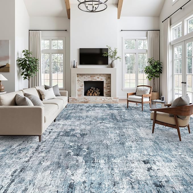 Soalmost 12x15 Washable Area Rugs Soft Living Room Rug Abstract Blue/Grey | Large Modern Carpet Non-Slip for Dining Bedroom, Low Pile Thin Stain Resistant Foldable Indoor Floor Mat Home Office Decor