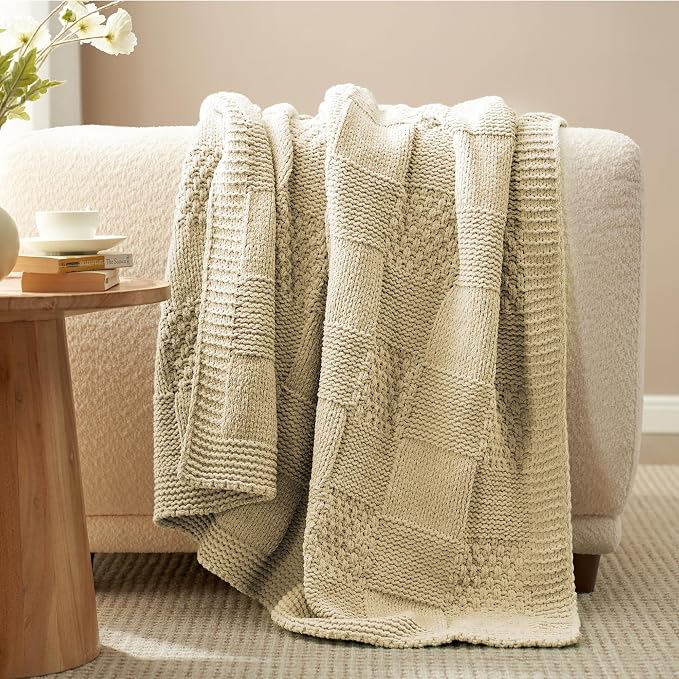 Knit Throw Blanket, Soft Chenille Cozy Breathable Checkered Chunky Decorative Blanket for Couch, Bed & Sofa, French-Inspired Lightweight Warm Gift for Women, Beige, 50"x60"