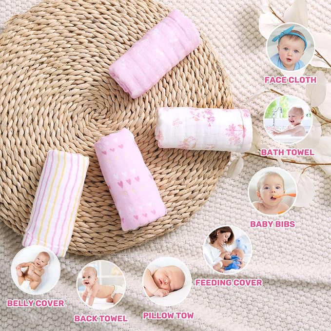 Viviland Baby Muslin Burp Cloths, Super Absorbent Washcloths for Baby Girl and Boy, 10 x 20 inches 6-Layer Baby Bath Towels, Pink Flowers & Hearts 4 Pack