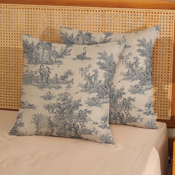 Blue Toile Pillow Covers 18x18 Inch Set of 2 Vintage French Country Throw Pillows Outdoor French Country Decorative Pillow Cases Rustic Linen Decor Farmhouse Cushion Case for Couch Bedroom