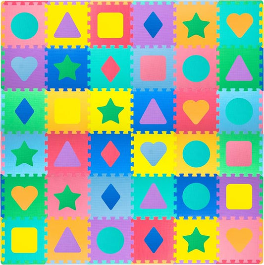 ProSource Kids Foam Puzzle Floor Play Mat with Shapes & Colors 36 Tiles, 12"x12" and 24 Borders