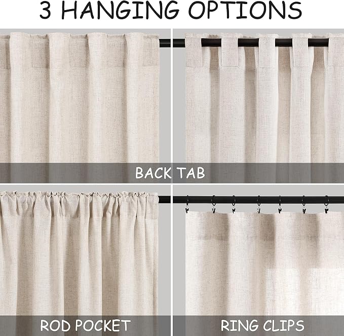 Beige Linen Curtains 84 Inch Length 2 Panels Back Tab Rod Pocket Semi Sheer Bedroom Curtains Light Filtering Country Closet Curtain Drapes Netural Farmhouse Window Panels for Living Dining Room 42x84