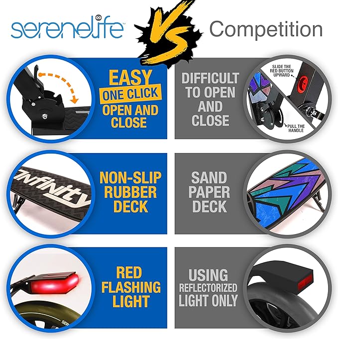 SereneLife Two Wheel Scooter for Teens, Smooth Gliding Kick Scooter for Adults w/Adjustable Height for Ages 8+, Portable All Terrain Scooter w/Carry Straps, Easy to Fold